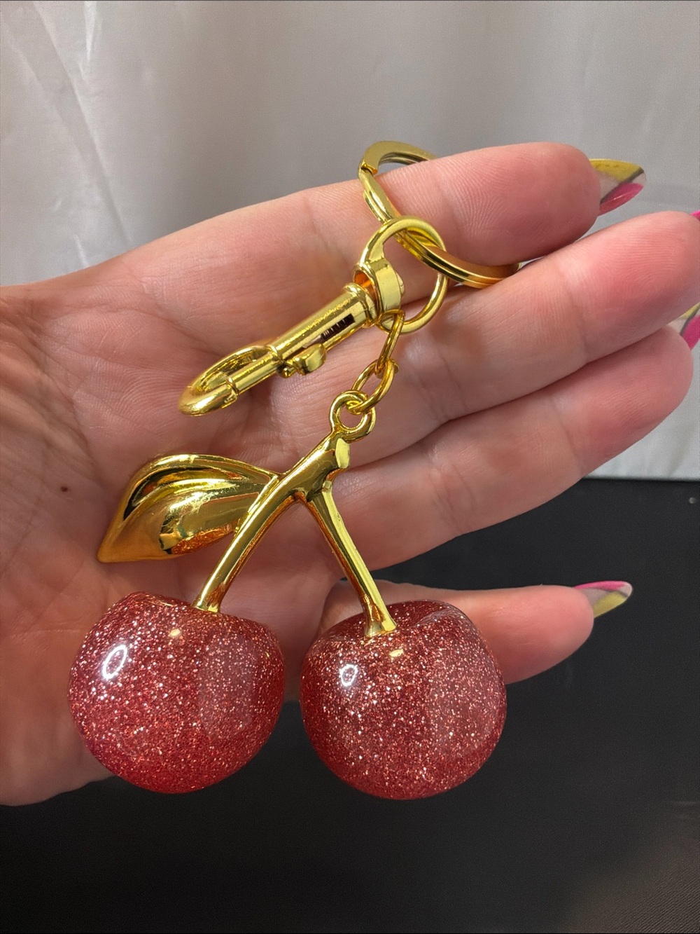 Sparkling Cherry Keychain Charm - pink with Gold Leaf - Picture 3 of 3